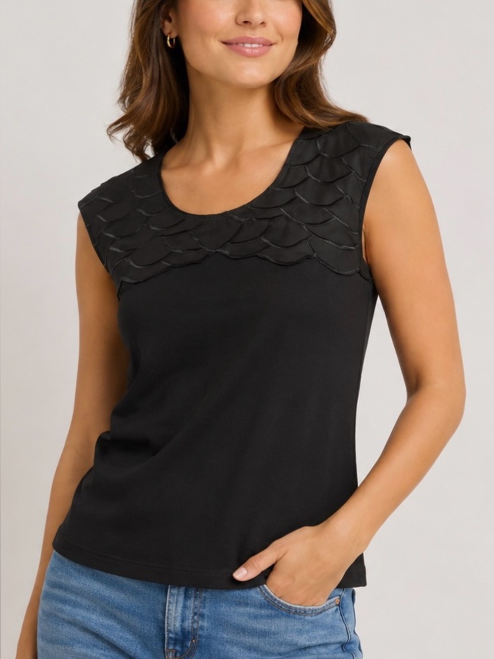 Ann Taylor Cotton Black Cap Sleeve Tank with Sheer Scalloped Applique Yoke